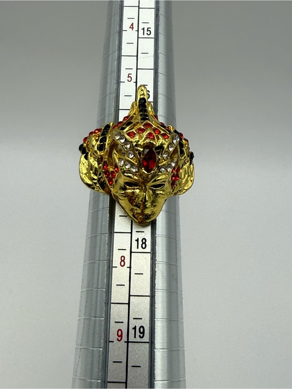 Vintage Fantasy Face Statement Ring Red Black Rhinestones Gold Tone Size 7